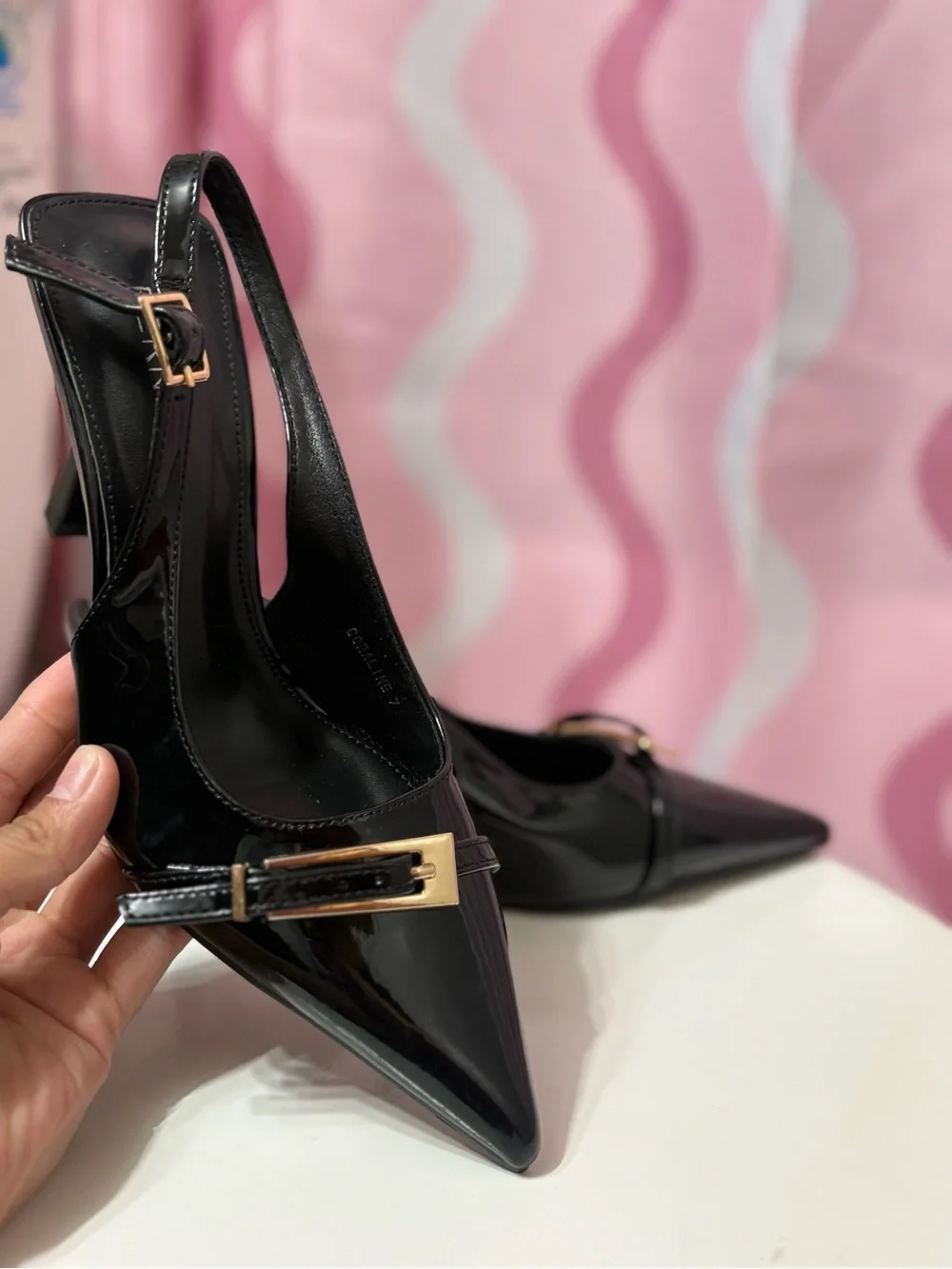 Black Patent Pointed-Toe Slingback Heels with Gold Buckle